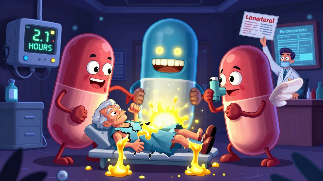 Trois pilules monstrueuses luttent contre un patient âgé dans une salle d&#039;urgence néon, tandis que du lactate jaune s&#039;échappe de son corps.