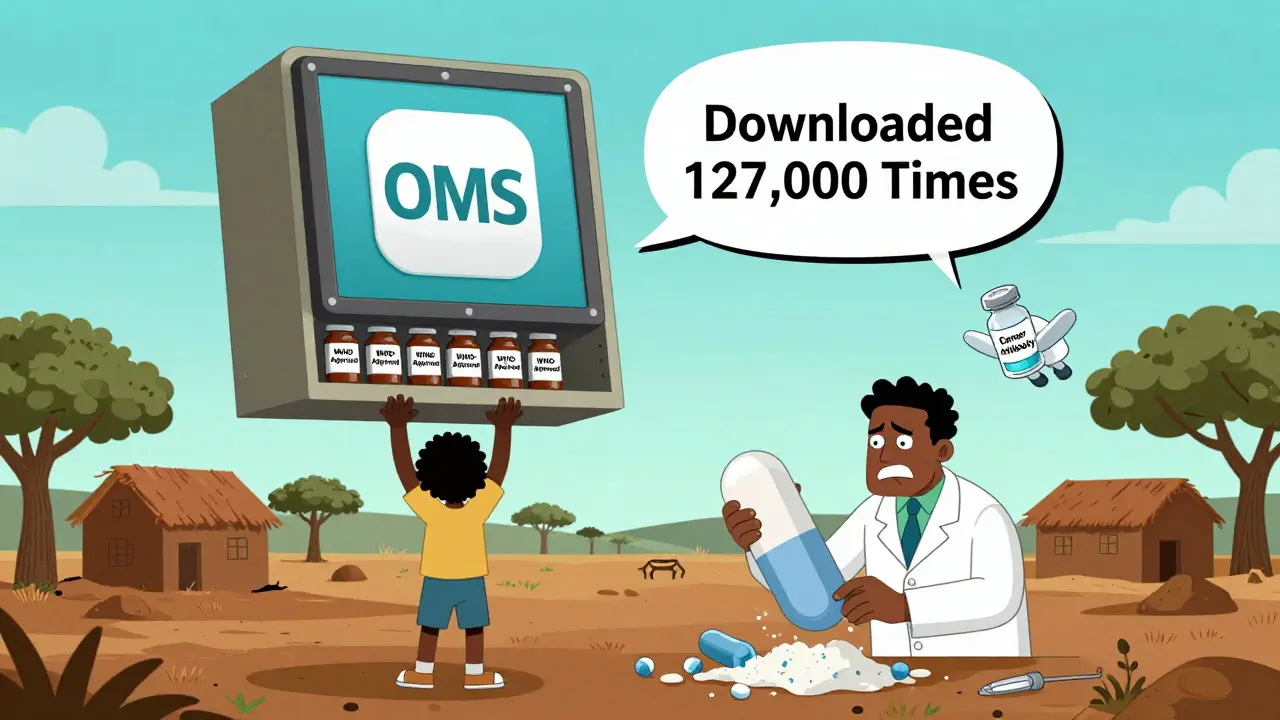 Un enfant atteint d'une maladie reçoit un sirop OMS d'un armoire flottante, un médecin en jetpack apporte un nouveau traitement.