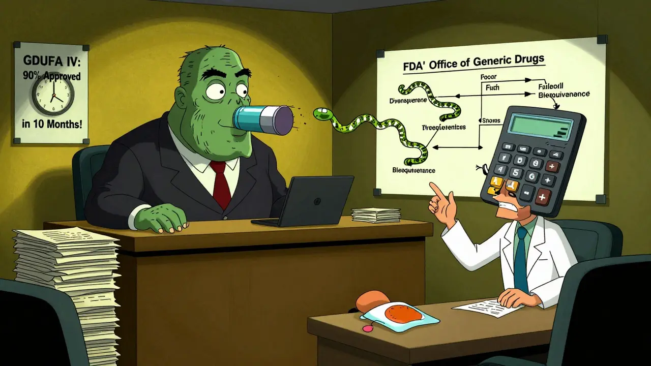 Un inhalateur et un patch en procès devant un juge fait de documents réglementaires dans un bureau de la FDA.