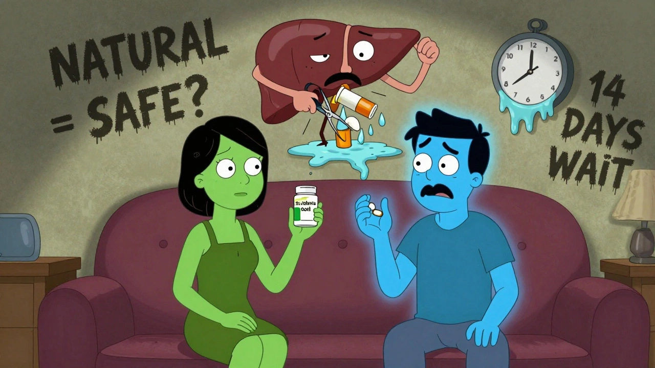 Un patient dont le corps se divise entre naturel et chimique, tandis qu&#039;un foie anthropomorphe déchire des médicaments.