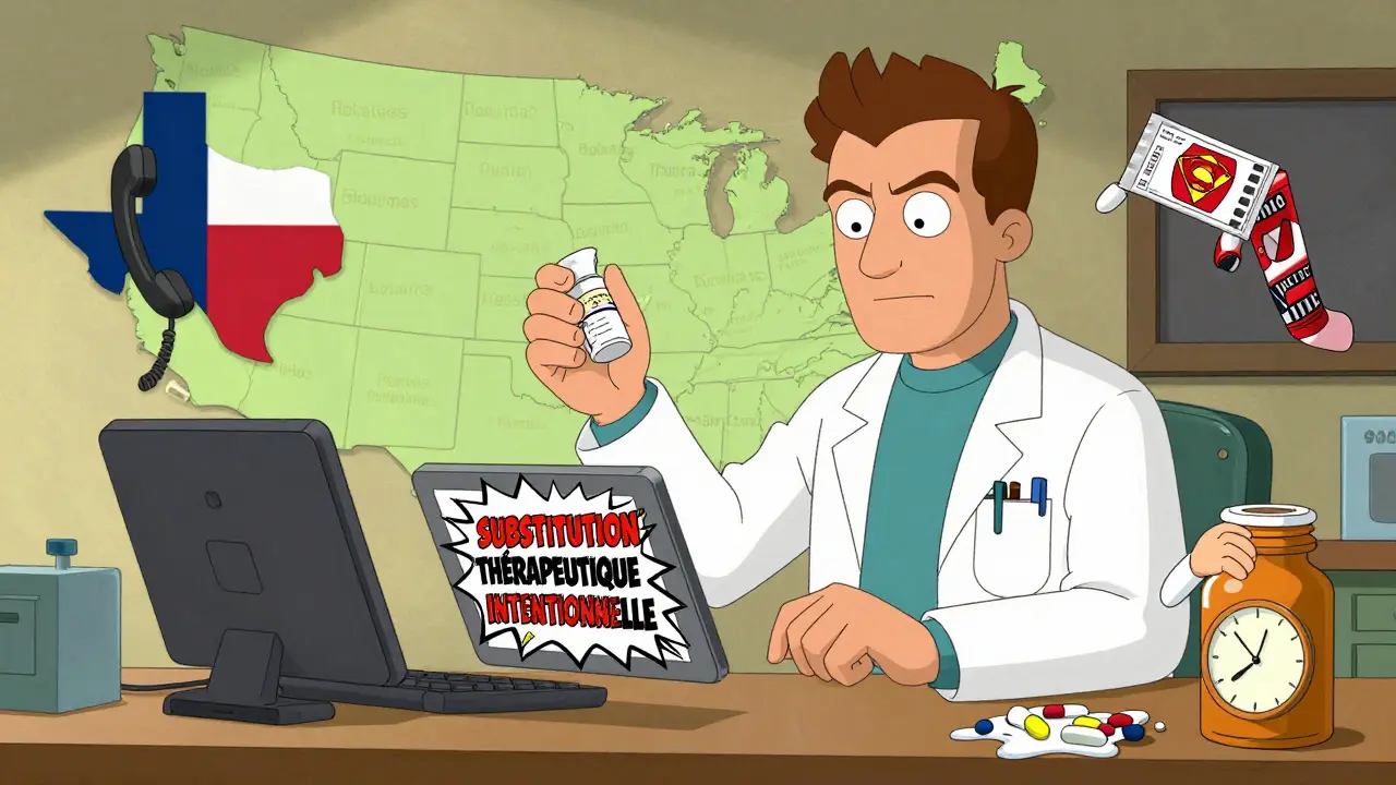 Un pharmacien en Colorado remplit une ordonnance avec une note de substitution thérapeutique, entouré de cartes d'États aux règles absurdes.