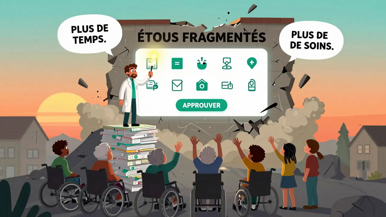 Un pharmacien en héros tient une pilule Paxlovid comme une torche, tandis que des patients l'atteignent depuis une montagne de dossiers médicaux.