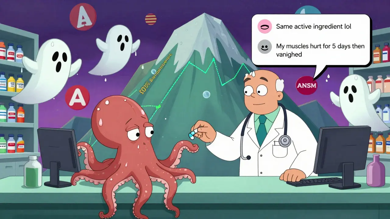 Un pharmacien remet une pilule générique à un patient en forme d'octopus, entouré de graphiques flottants et de commentaires en ligne.