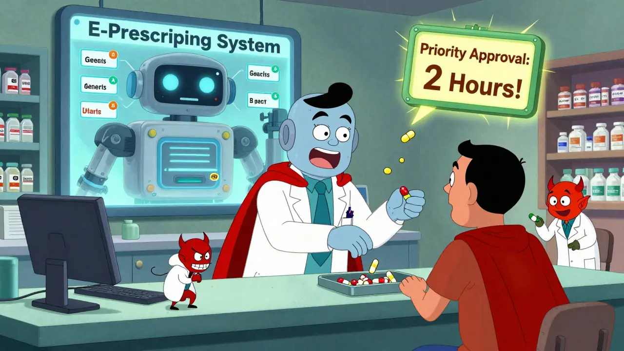 Un robot automatise la prescription de génériques tandis qu'un médecin offre un comprimé à un patient en cape de superhéros.