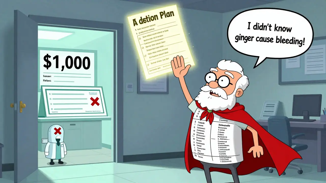 Un senior triomphant avec un plan d'action flottant, une économie de 1 000 $ et une hôpital barré en arrière-plan.