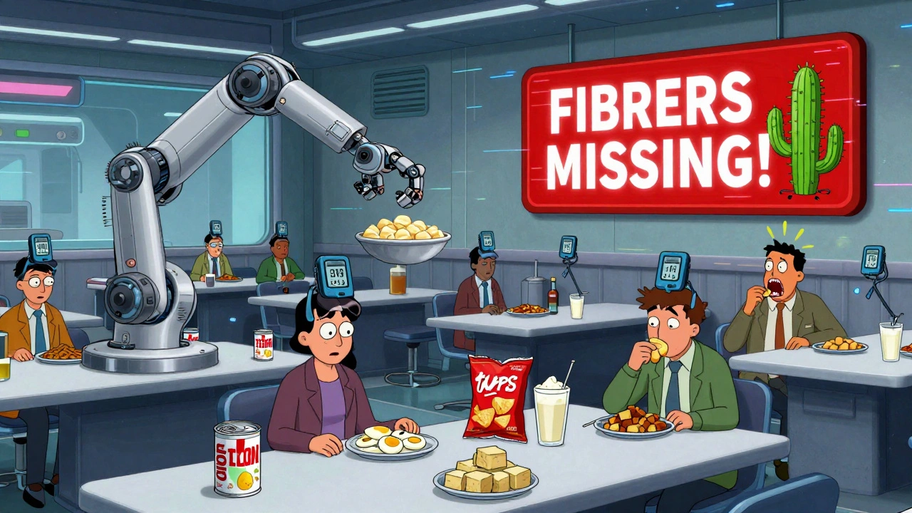 Une cantine high-tech distribue des protéines abordables, avec un avertissement géant sur le manque de fibres.