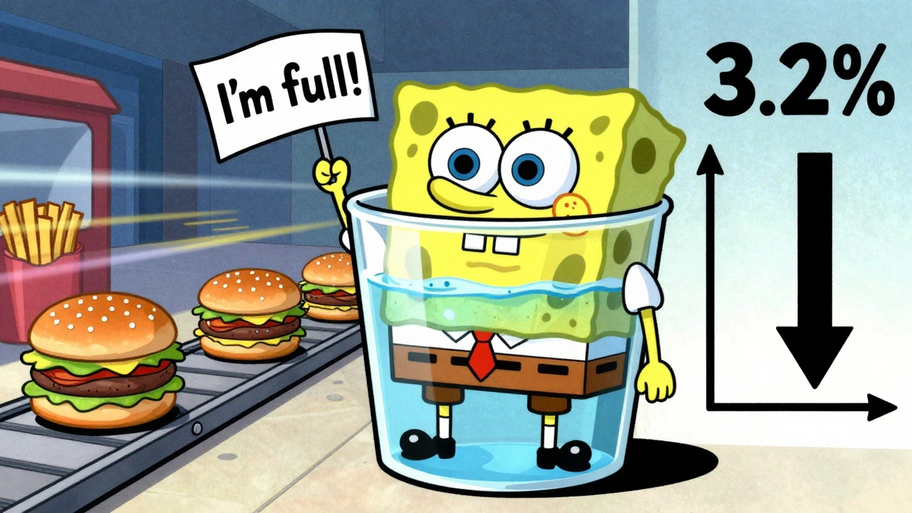 Une graine de psyllium géante gonfle dans un verre d&#039;eau, tandis qu&#039;un petit personnage proclame &#039;Je suis rassasié !&#039;