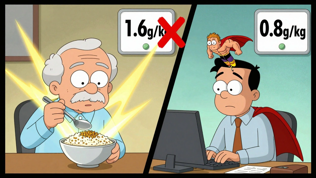 Une personne âgée mange des lentilles avec une aura dorée de leucine, tandis qu&#039;un superhéros musculaire émerge de son dos.