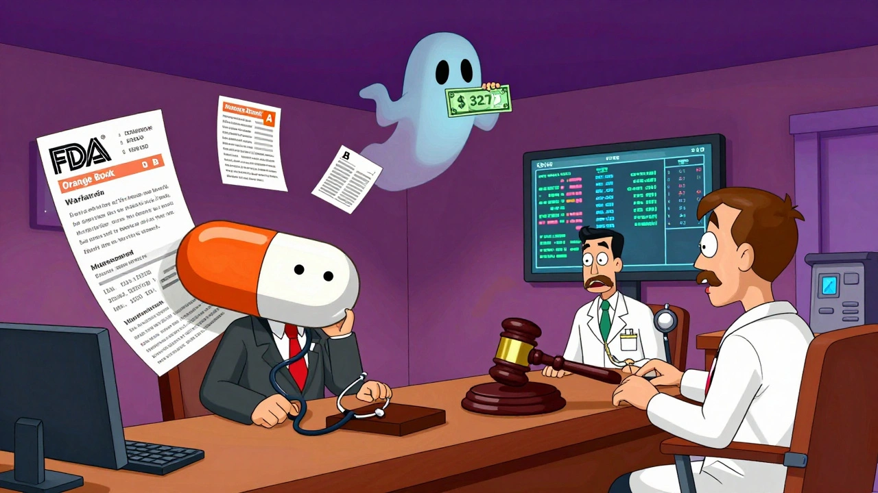 Une pilule de warfarine jugée dans une cour grotesque avec des livres FDA flottants et un patient fantôme.