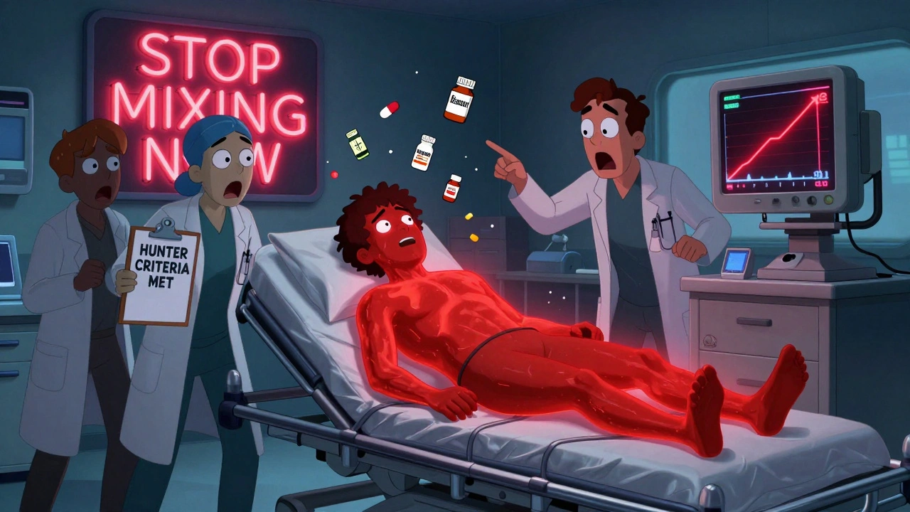 Une urgence médicale avec un patient rougeoyant transporté en civière, entouré de médecins choqués et d&#039;icônes de médicaments en folie.