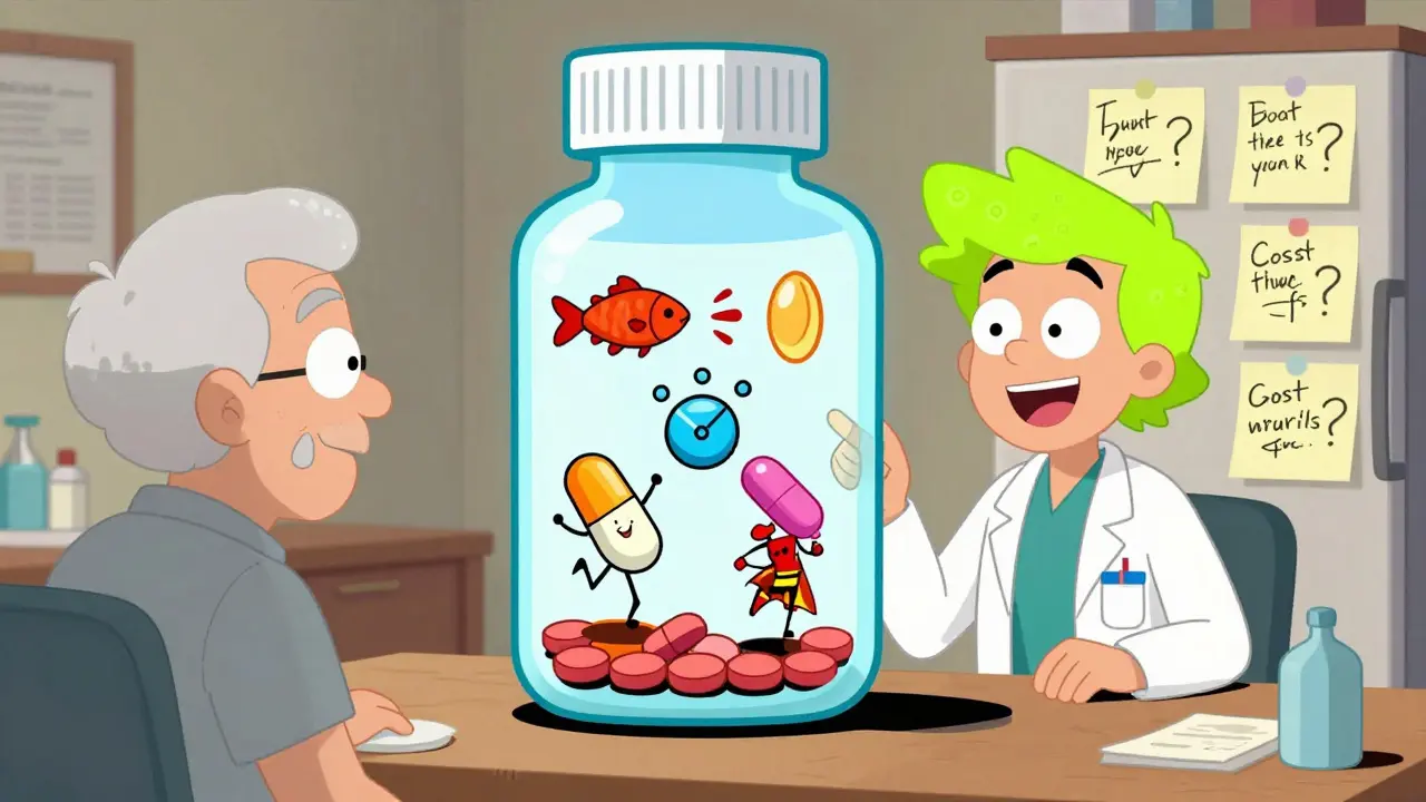 Une visioconférence entre un senior et un pharmacien excentrique, avec des interactions médicamenteuses animées.