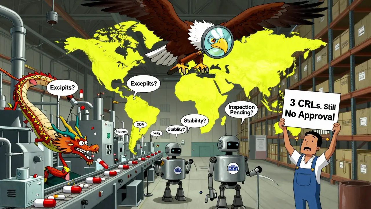 Usines pharmaceutiques mondiales produisant des génériques sous l'œil vigilant d'un aigle de la FDA.