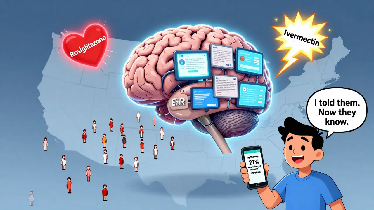 Cerveau AI analysant des données de patients, une explosion cardiaque et un tweet détectant un effet secondaire.