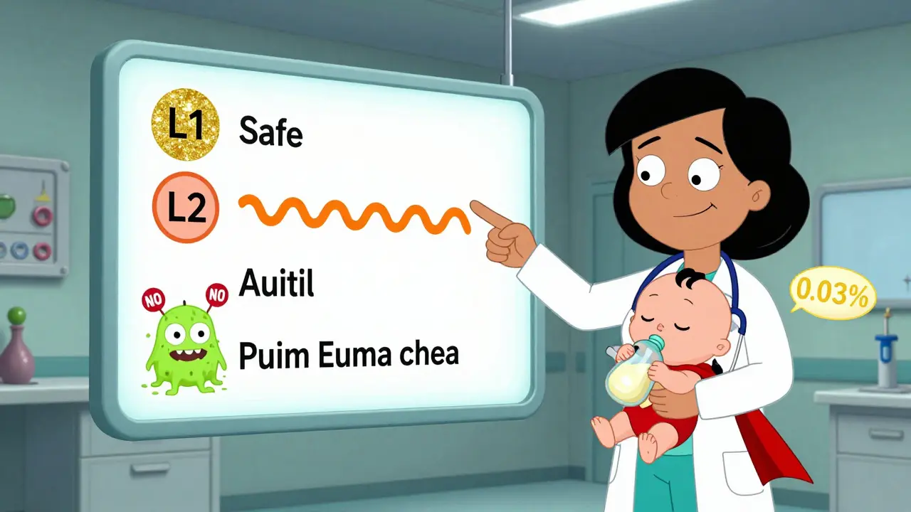 Charte des antibiotiques en catégories L1 à L5 avec des monstres verts interdits, vue dans une chambre d'hôpital cartoon Adult Swim.