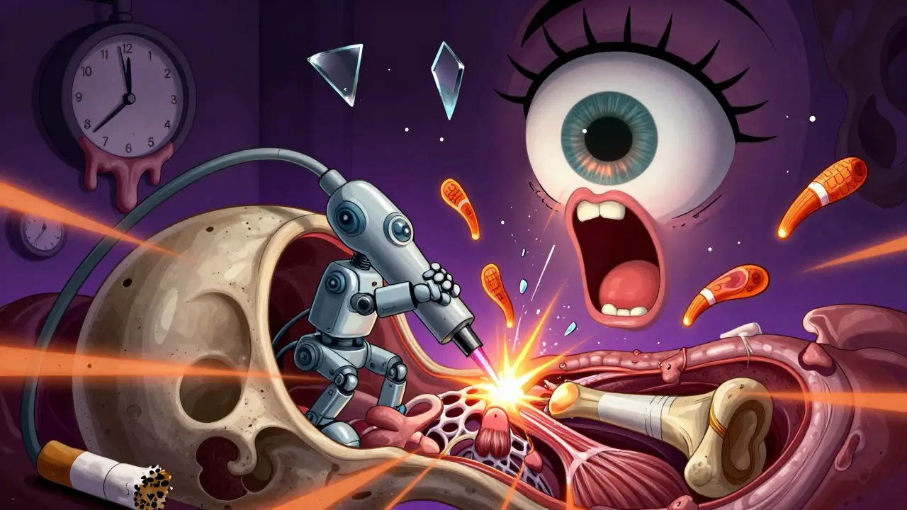 Chirurgie endoscopique dans l'orbite, un robot taille l'os tandis que les muscles crient, style cartoon décalé.