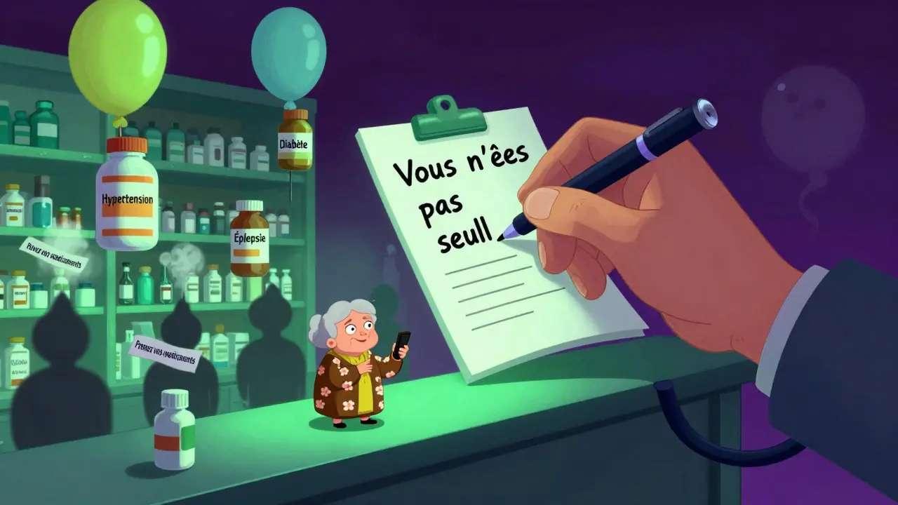 Des flacons de médicaments flottent comme des ballons au-dessus d'une pharmacie infinie, une femme âgée sourit en répondant.