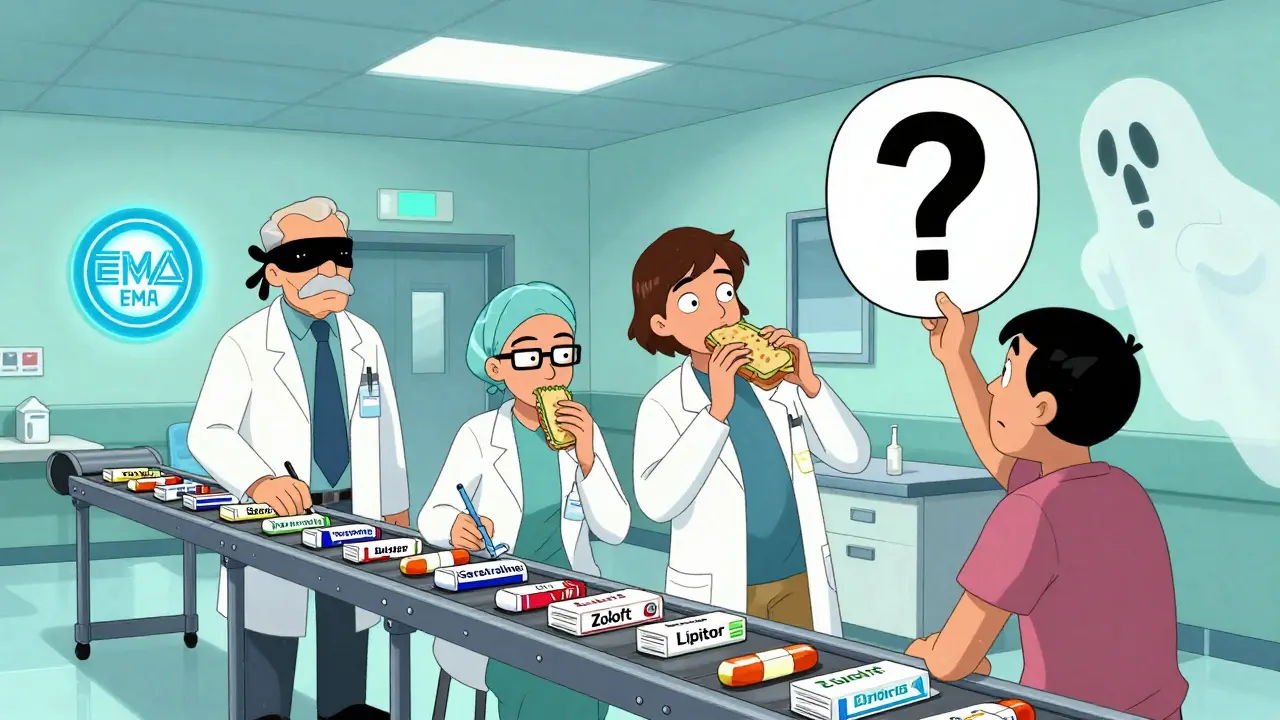 Des médecins prescrivent aveuglément des médicaments de marque dans un couloir d'hôpital chaotique, tandis qu'un patient interroge.