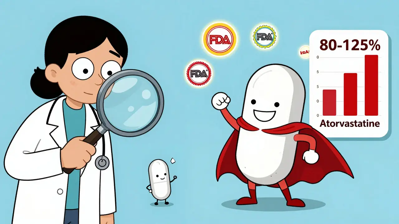 Deux pilules animées en comparaison : une de marque et une générique, avec des barres de concentration sanguine identiques et des badges FDA flottants.