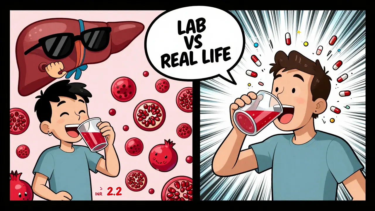 Deux scènes contrastées : un patient en sécurité avec du jus de grenade, un autre en chaos avec du pamplemousse.