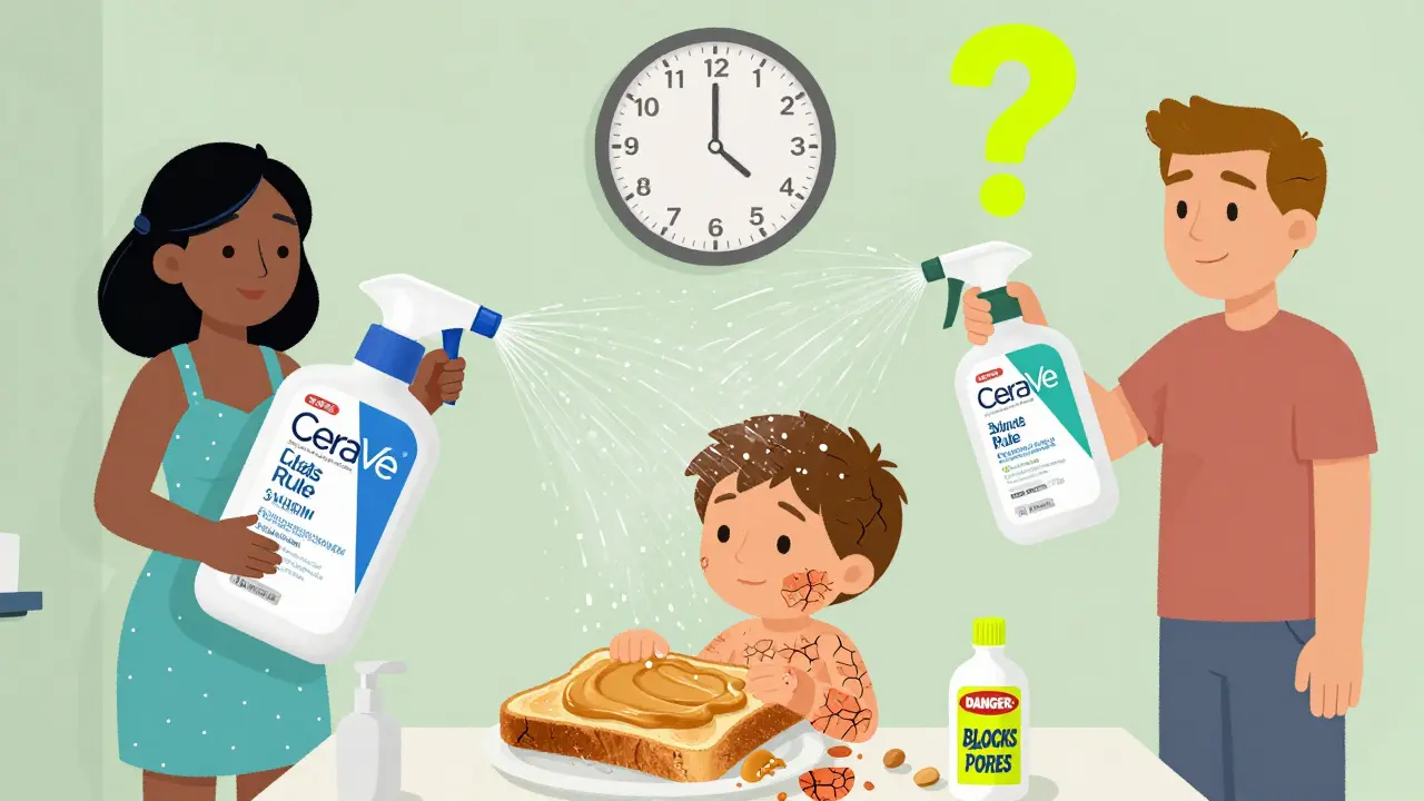 Enfant appliquant une crème épaisse dans la salle de bain, avec des symboles visuels de règle des 3 minutes et d'huile dangereuse.