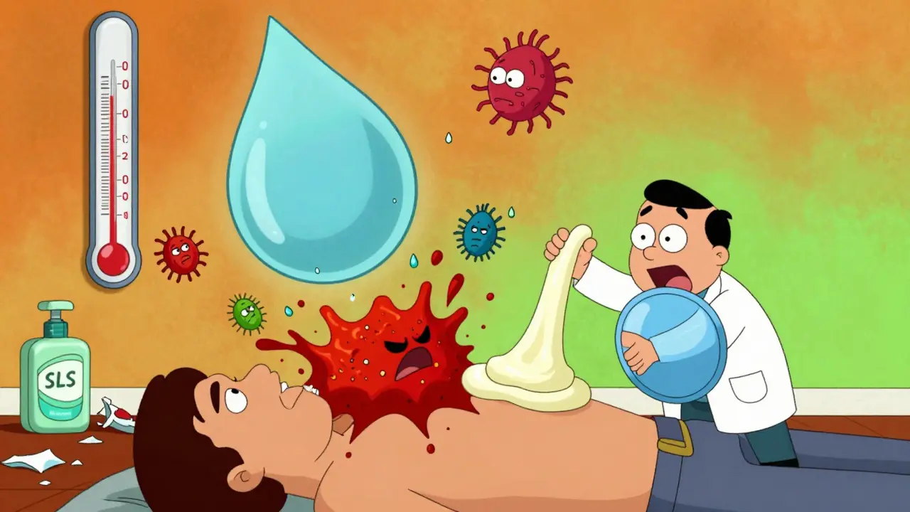 Goutte de transpiration géante provoquant une réaction inflammatoire, combattue par un émollient en bouclier.