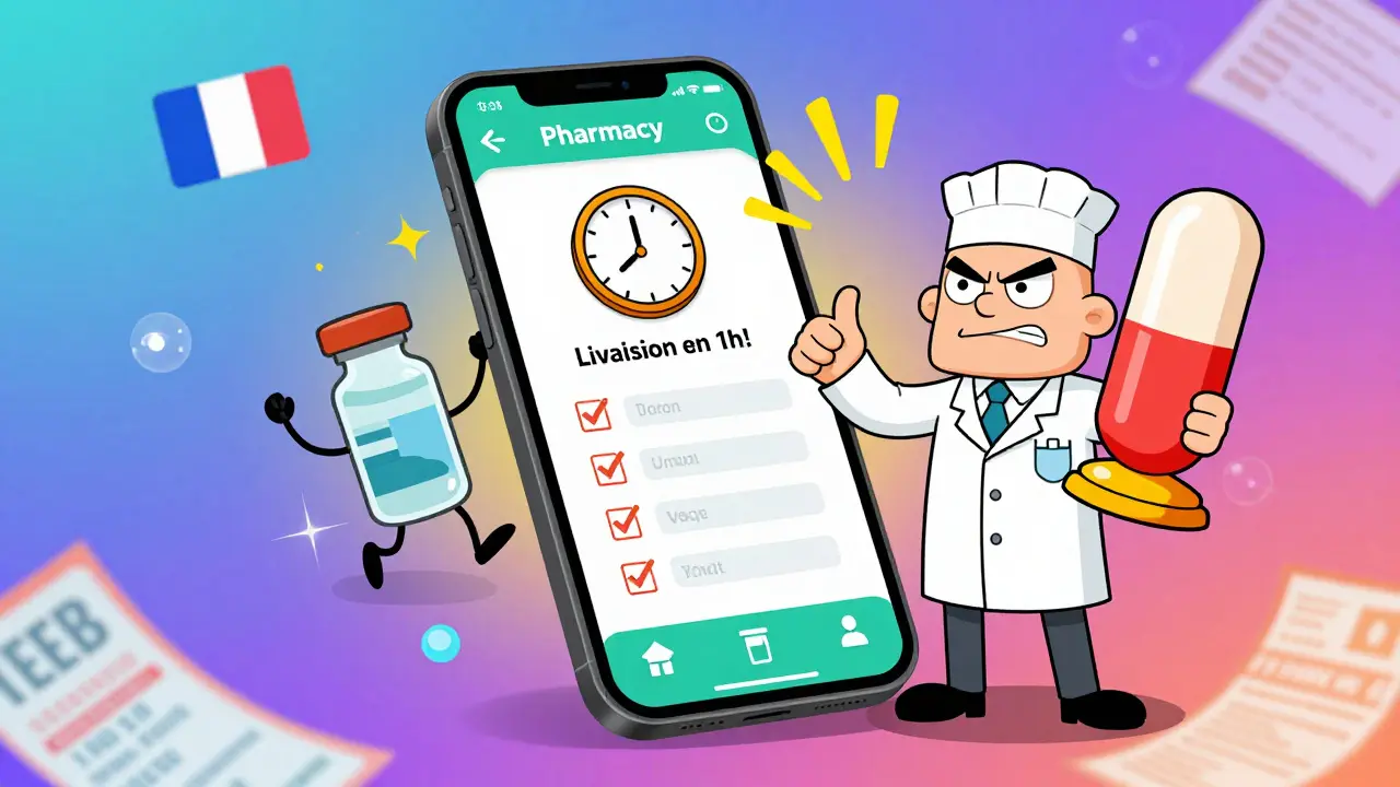Interface d'application de pharmacie en ligne avec des icônes animées de comprimés et un pharmacien cartoon qui donne le pouce levé.