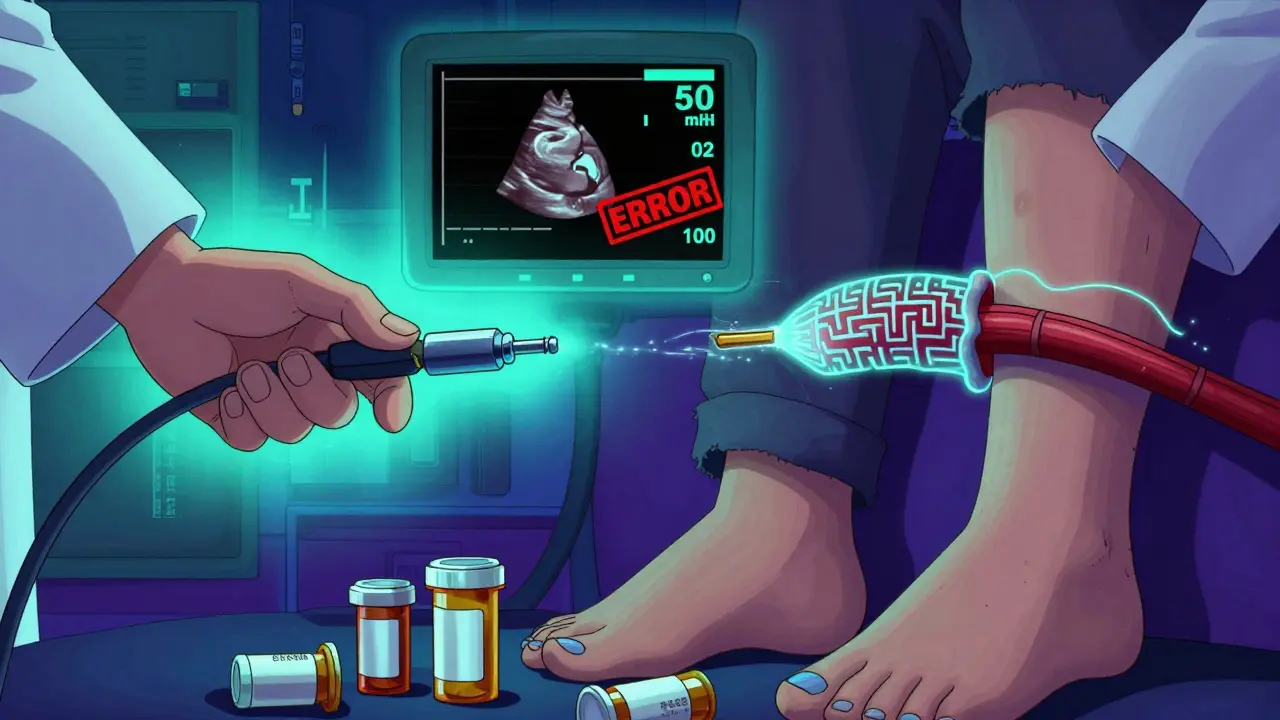 Main tenant un cathéter dans une artère pulmonaire, échocardiogramme erroné au-dessus, chevilles enflées et lèvres bleues en arrière-plan.