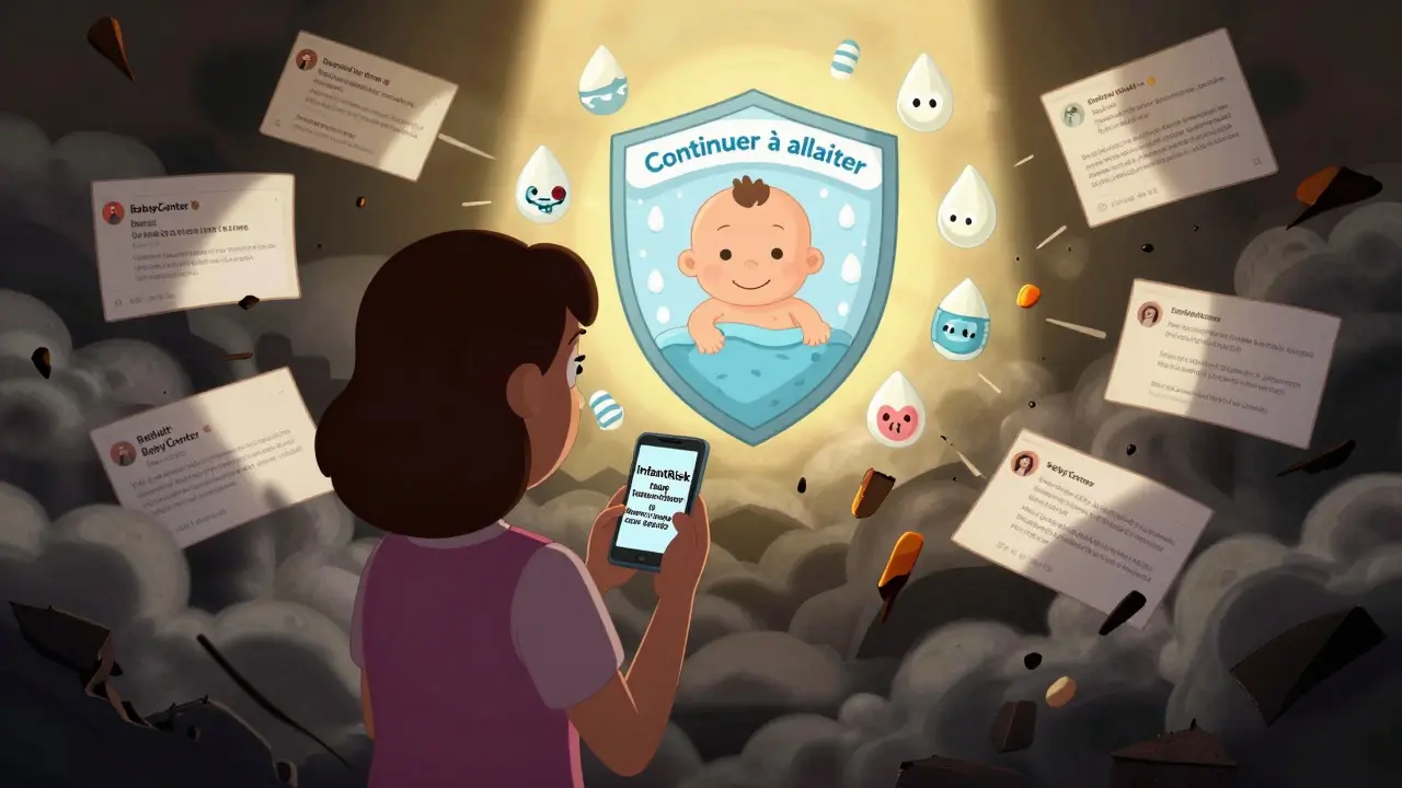 Mère calme entourée de probiotiques et de lait en bouclier, tandis que les forums de peur brûlent, style cartoon Adult Swim.