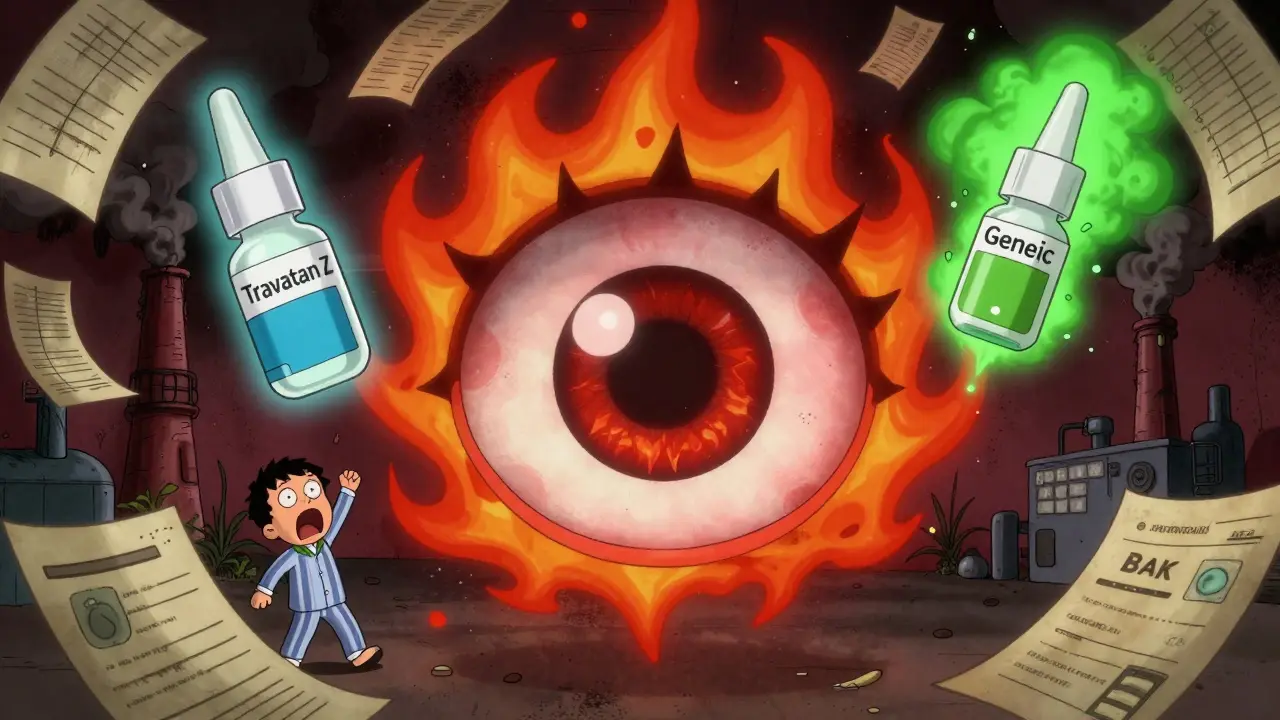 Œil irrité avec deux gouttes oculaires, l'une apaisante et l'autre toxique, dans un décor médical absurde.