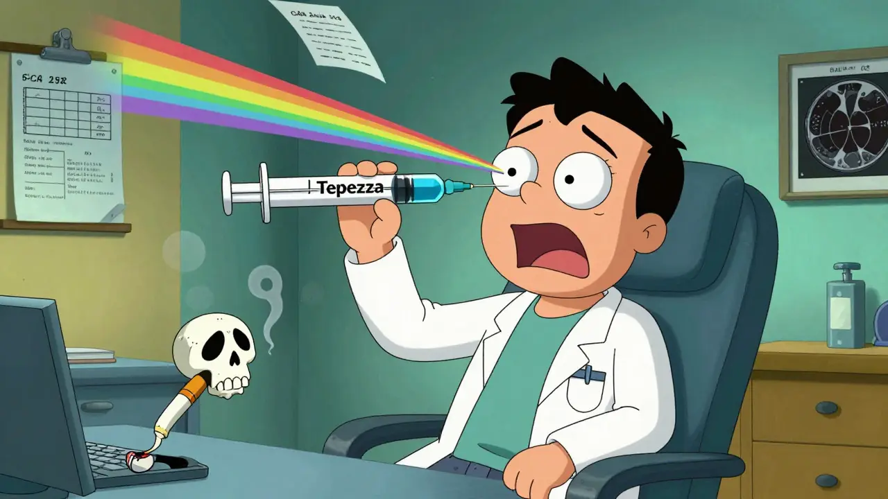 Patient aux yeux saillants recevant une injection de Tepezza, une cigarette crânienne fuyant, décor médical absurde.