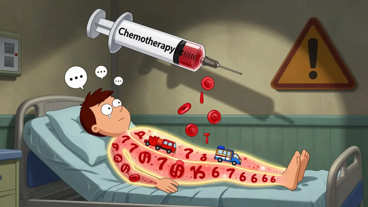 Patient avec moelle osseuse transparente montrant une chute des cellules sanguines sous l'effet d'une chimiothérapie.