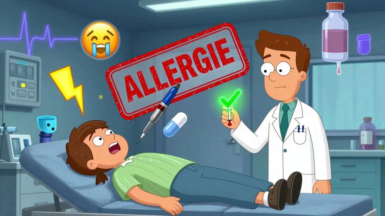 Patient en urgence médicale entouré d'icônes de réaction allergique, tandis qu'un allergologue le sauve avec un test.