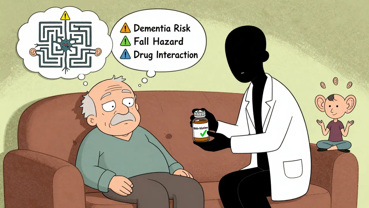 Personne âgée somnolente avec des avertissements médicaux en bulle, un thérapeute fait du yoga avec des oreilles.