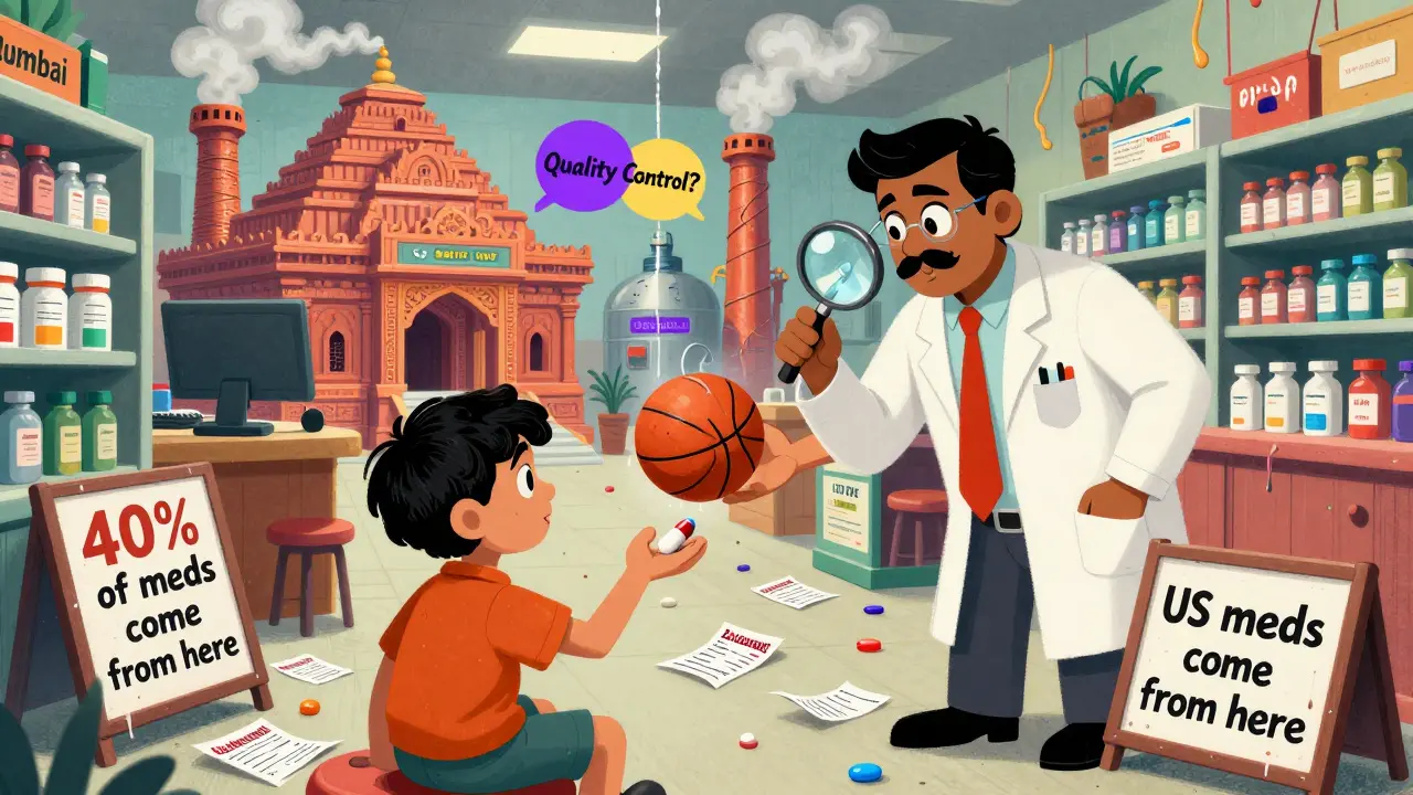 Pharmacien indien remet une pilote géante à un patient, tandis qu'un inspecteur FDA surveille une usine en forme de temple.