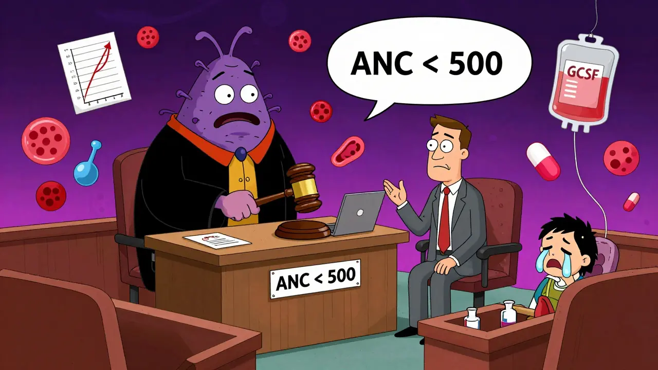 Procès dans le corps humain où un neutrophil juge la suppression de la moelle osseuse causée par un médicament.