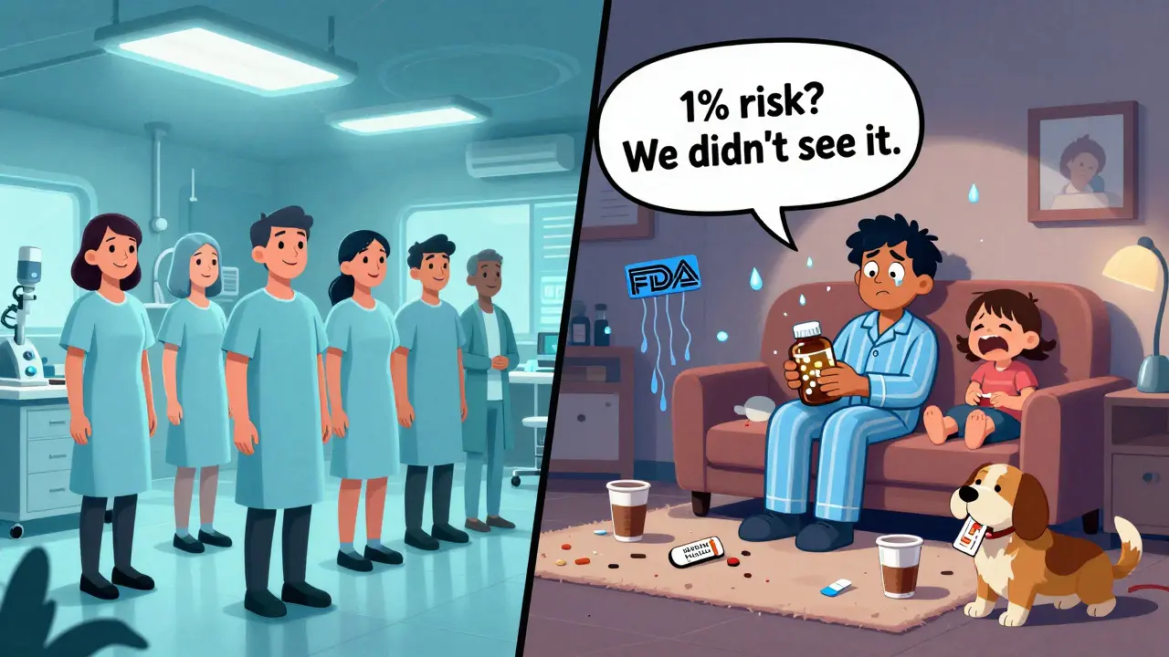 Scène divisée : essai clinique parfait à gauche, vie réelle chaotique à droite, avec une alerte '1% risque ? Pas vu'.