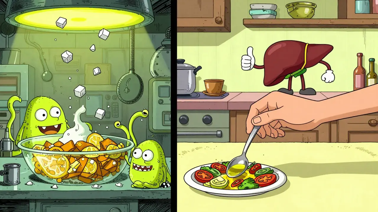 Scène divisée : un côté chaos sucré et gras, l'autre une assiette méditerranéenne calme avec une cuillère d'huile d'olive.