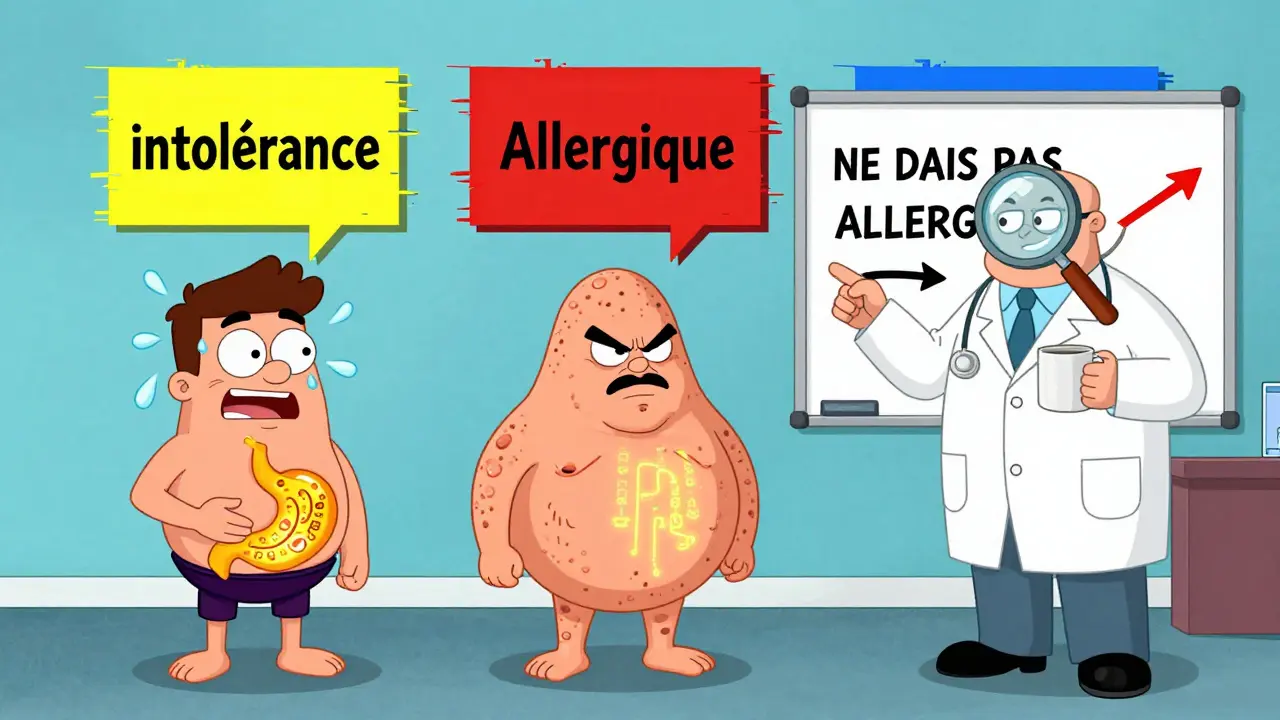 Trois personnages caricaturaux représentant effet secondaire, allergie et intolérance, avec un médecin les expliquant sur un tableau.