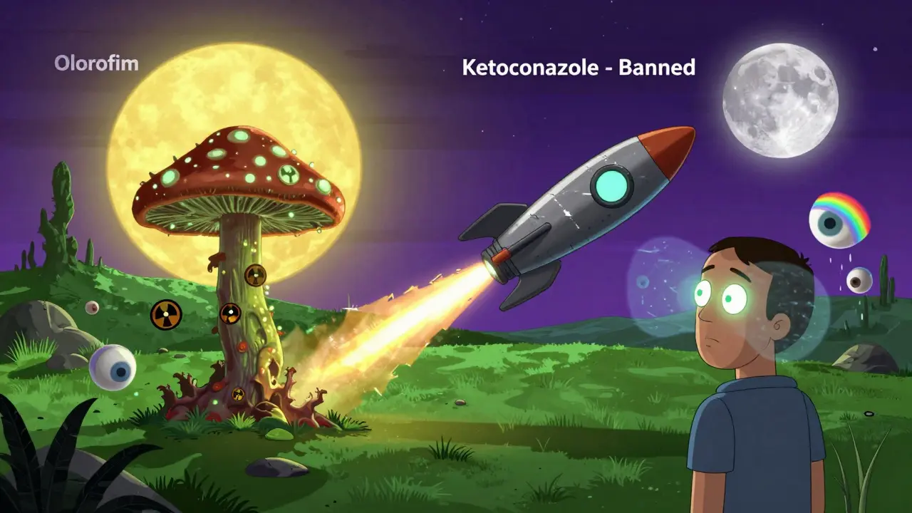 Un champignon résistant affronte une fusée rezafungin dans un champ de bataille surréaliste, avec un patient voyant des arcs-en-ciel flottants.