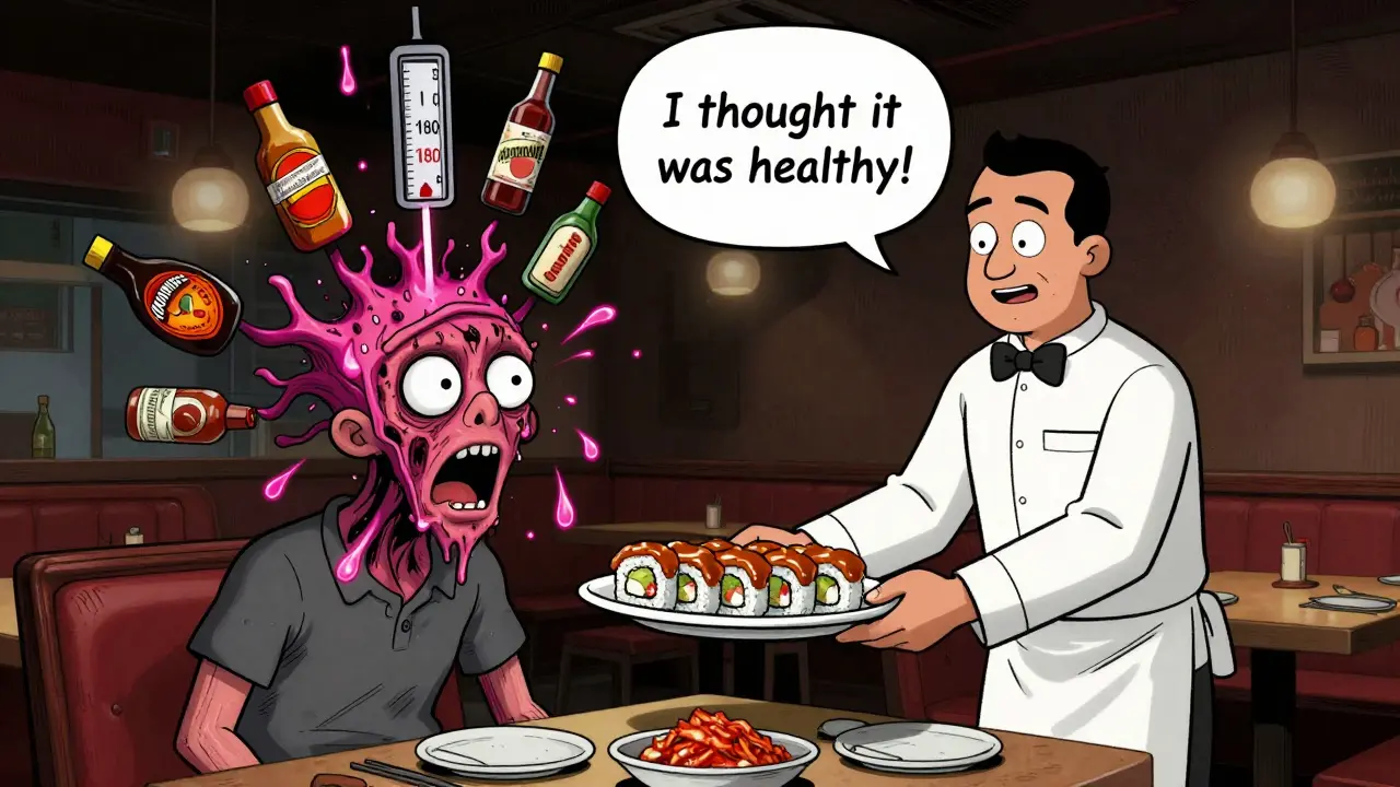 Un client au restaurant dont la tête explose en une tempête d'hypertension, entouré de bouteilles de condiments dangereux.