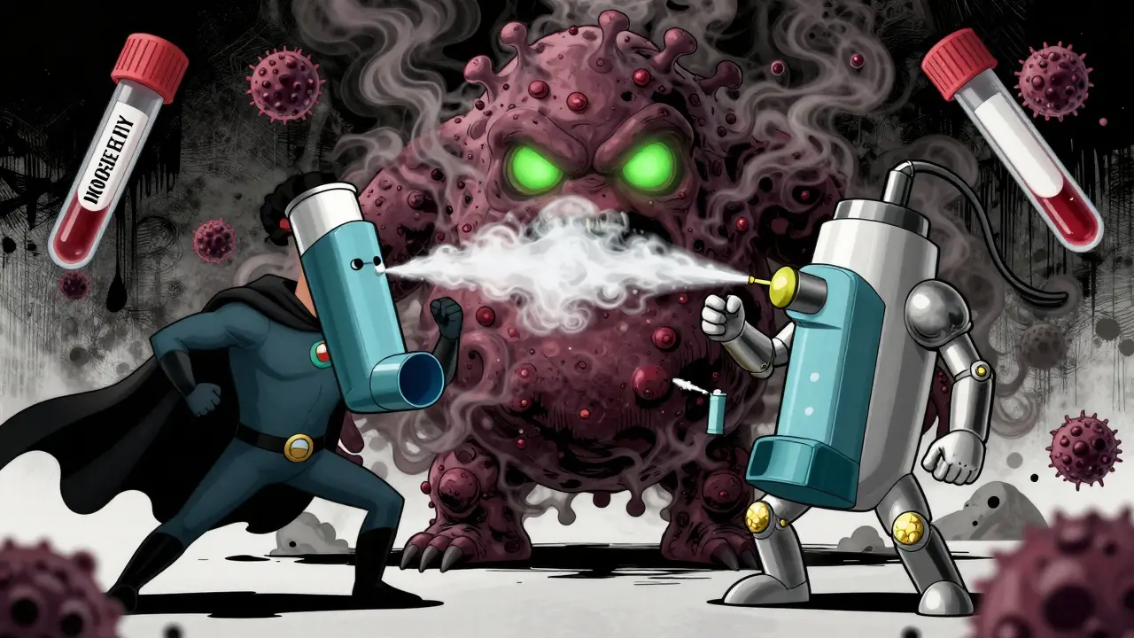 Un combat entre un inhalateur triple et un monstre de pneumonie, avec un autre inhalateur qui le neutralise calmement, sous l'œil d'un tube de sang.