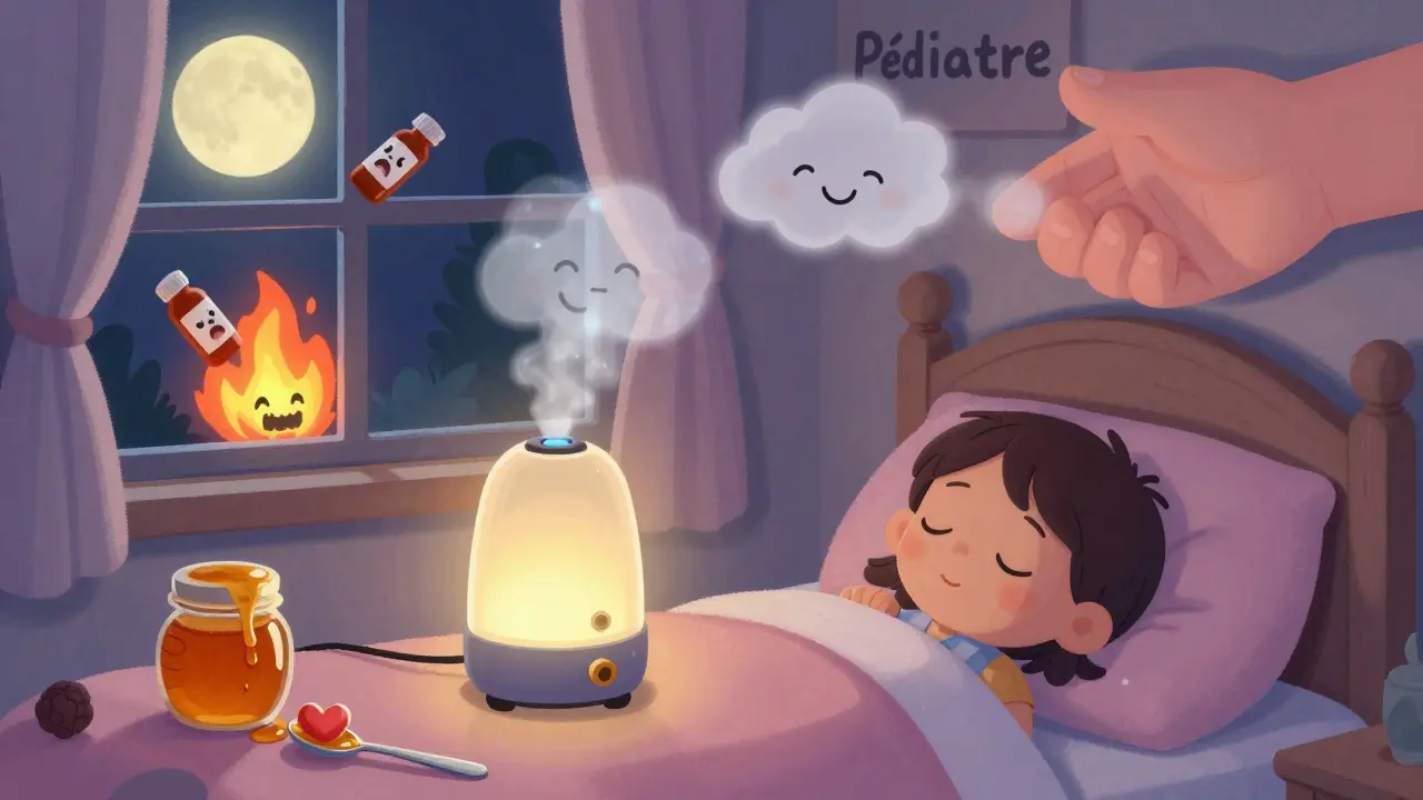 Un enfant dort paisiblement, un humidificateur diffuse de la vapeur en forme de nuages, un pot de miel et une cuillère en forme de cœur reposent près du lit.