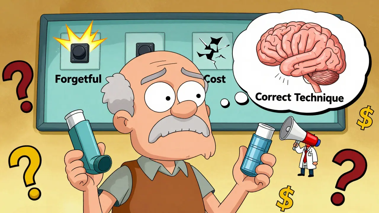 Un homme âgé hésitant entre trois inhalateurs séparés et un seul inhalateur triple, son cerveau représenté comme une salle de contrôle chaotique.