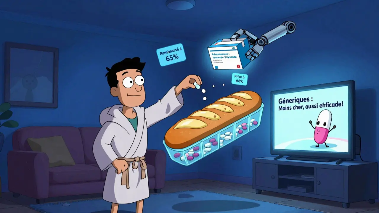 Un homme prend ses comprimés d'une organisation de pilules en forme de baguette, tandis qu'une boîte de médicaments arrive par le plafond.