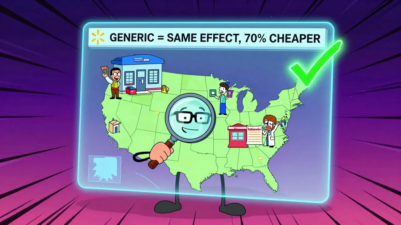 Un outil comparateur animé avec des bras qui montre les différences de prix entre pharmacies.