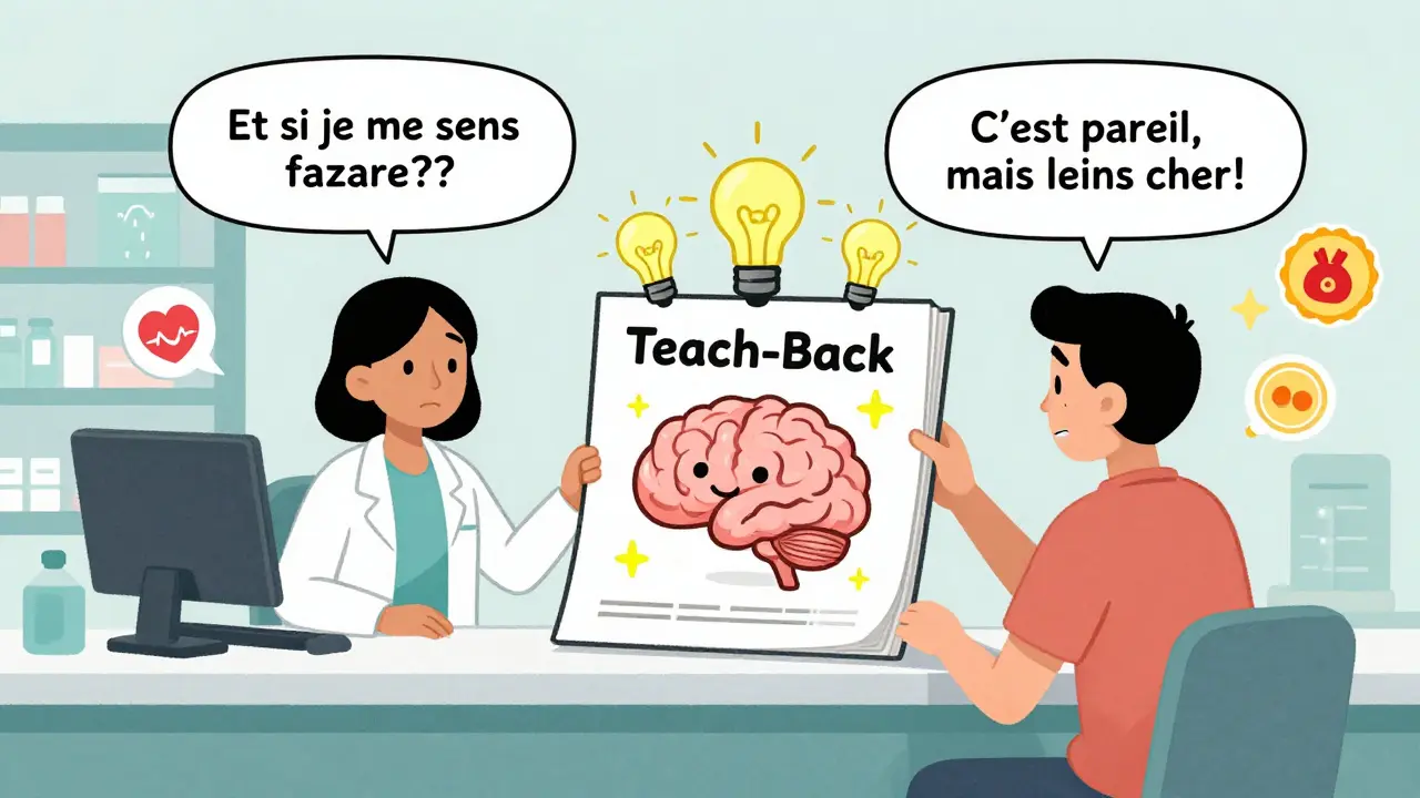 Un patient et un pharmacien à un comptoir de pharmacie, avec un livre interactif qui devient un cerveau lumineux, symbolisant la compréhension du générique.