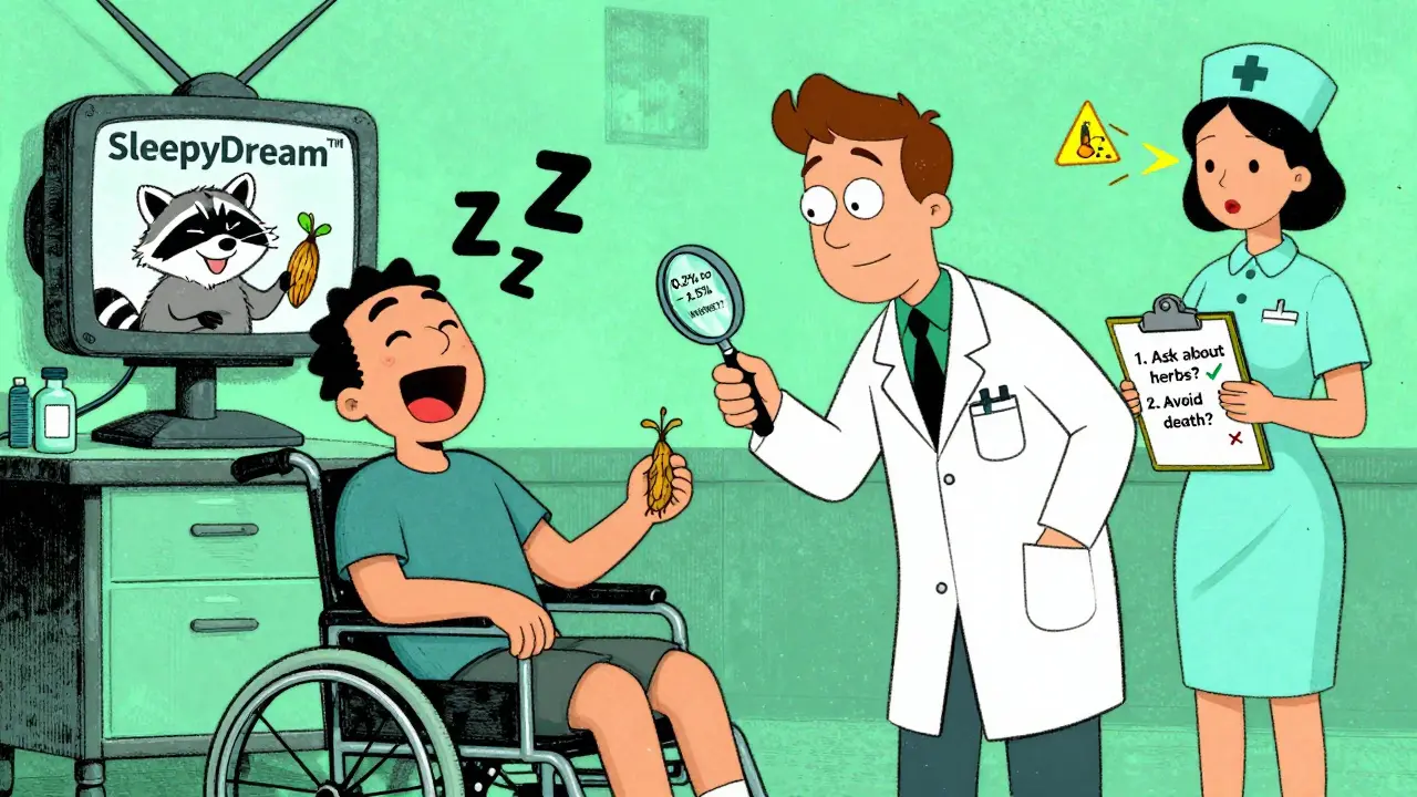 Un patient sédatisé à l'hôpital, un médecin examine une racine de valériane mal étiquetée, des symboles de sommeil et d'avertissement flottent dans l'air.
