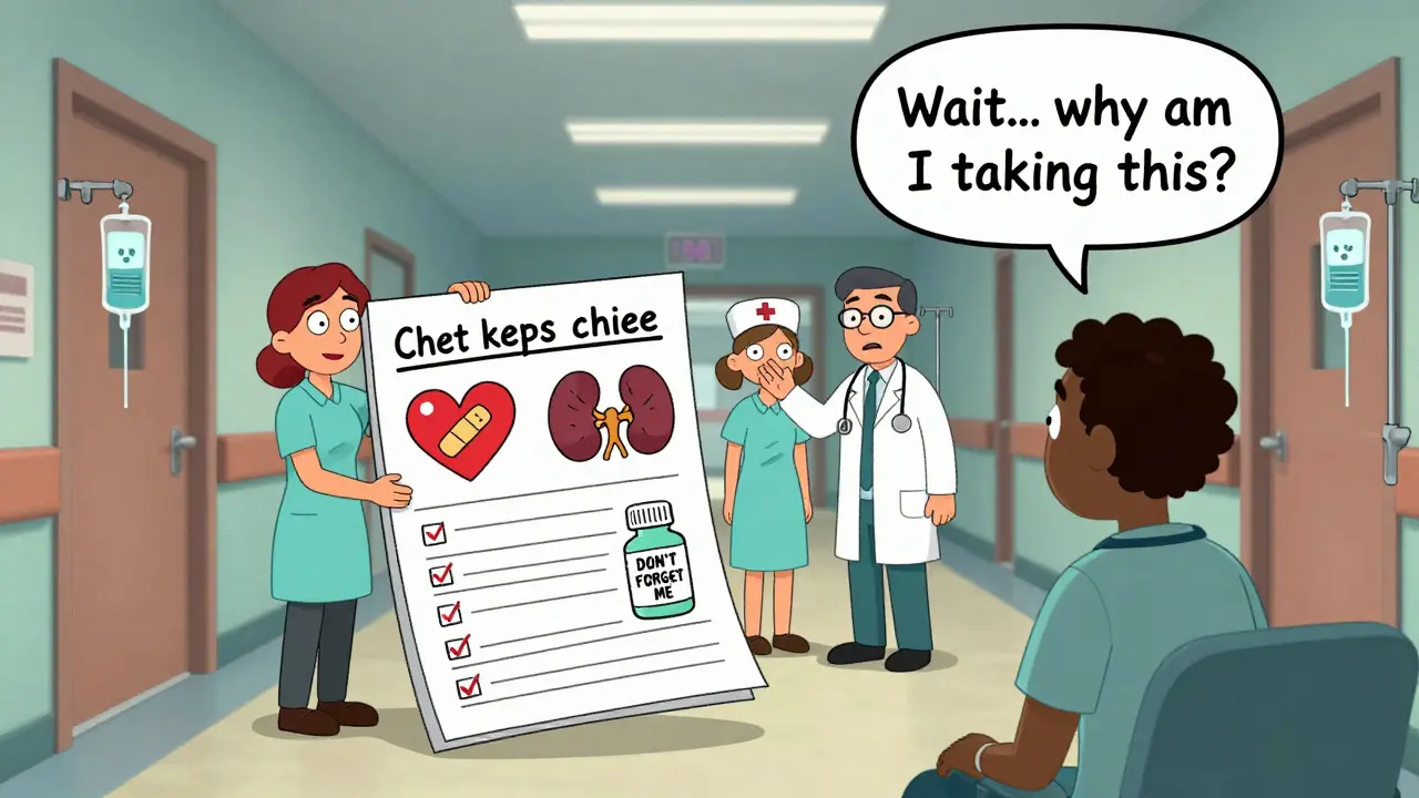 Un patient tient une fiche illustrée de ses médicaments tandis que trois professionnels débattent sur une liste qui change constamment.