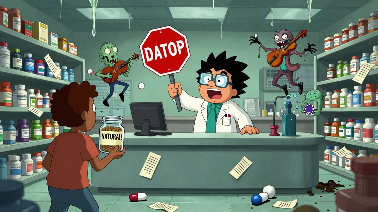 Un pharmacien en folie arrête un client avec une plante de valériane, tandis que des médicaments sédatifs dansent comme des zombies dans une pharmacie dévastée.