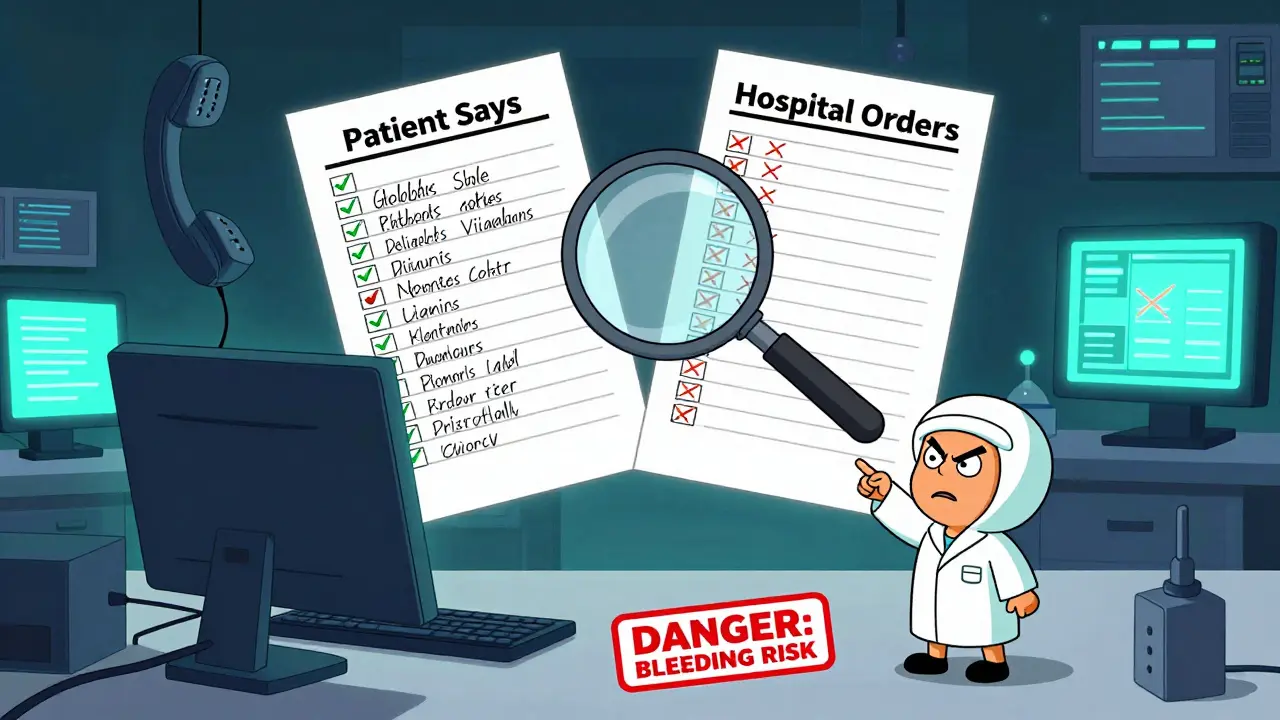 Un pharmacien examine deux listes de médicaments contradictoires sous un écran lumineux, entouré de téléphones et de flèches d'alerte.